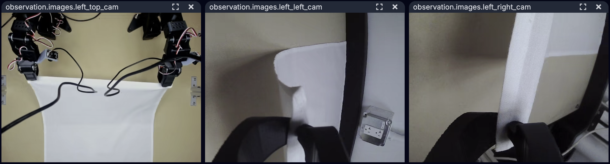 Trois observations synchronisées et l&rsquo;état du robot visualisés dans Rerun
