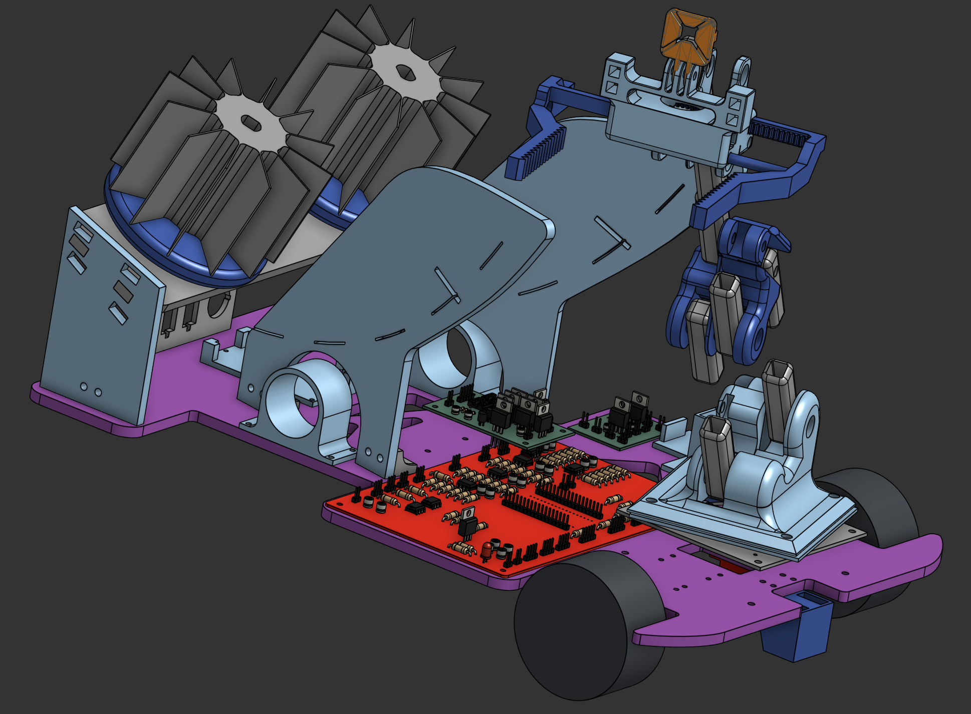 Rolling Ohms robot CAD overview with arm and chassis